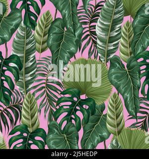 Motif sans couture avec feuilles tropicales sur fond rose.Vector. Illustration de Vecteur