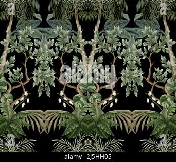 Motif sans couture avec arbres et palmiers vintage, plantes. Vecteur. Illustration de Vecteur