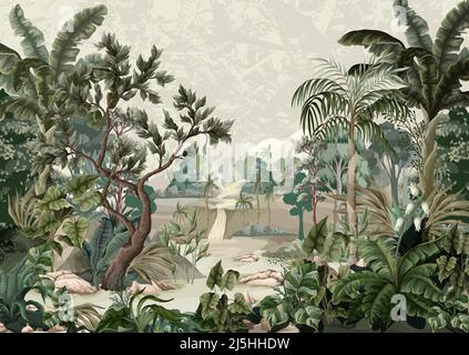 Paysage de jungle avec rivière et palmiers. Peinture murale à l'intérieur. Illustration de Vecteur