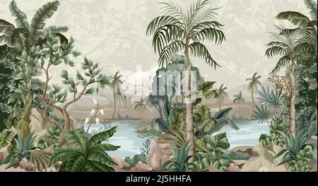 Paysage de jungle avec rivière et palmiers. Peinture murale à l'intérieur. Illustration de Vecteur