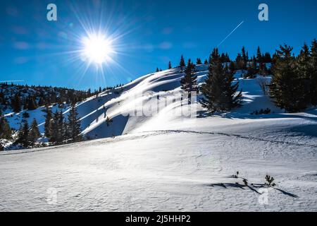 Paysage d'hiver avec montagne enneigée RAX dans les Alpes européennes en Autriche Banque D'Images