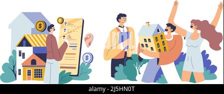 Agent immobilier, acheteurs d'appartement ou de maison Illustration de Vecteur