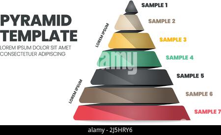 7 étapes d'un modèle pyramidal ou triangulaire avec texte modifiable pour les éléments d'une diapositive de présentation de graphique. Le modèle de hiérarchie est de couleur moderne Illustration de Vecteur