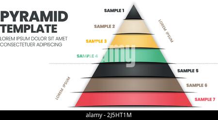 7 étapes d'un modèle pyramidal ou triangulaire avec texte modifiable pour les éléments d'une diapositive de présentation de graphique. Le modèle de hiérarchie est de couleur moderne Illustration de Vecteur