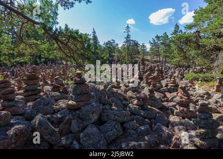 Forêt pleine de formations rocheuses, myriades de pierres, le long de la grotte de Grottstigen sentier de la nature à Geta dans les îles Åland, Finlande, en été. Banque D'Images