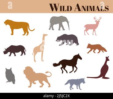 Diverses icônes de vecteur d'animaux sauvages ensemble dans différentes couleurs sur fond blanc Illustration de Vecteur