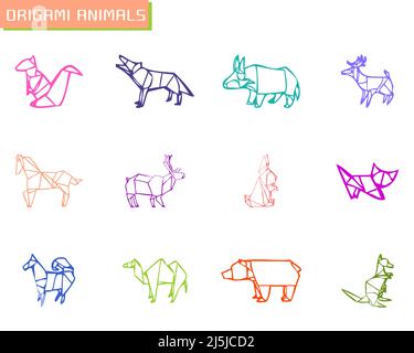 Jeu d'icônes Origami Animals Flat Vector colorées Illustration de Vecteur