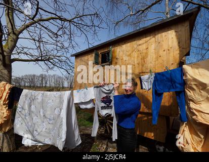 Kienitz, Allemagne. 12th avril 2022. Claudia Kleiner, l'holoceuse berlinoise, raccroche la lessive sur le 'Erlenhof' à côté du chariot de son berger 'Schäfchenglück'. La ferme de vacances dans le Moyen Oderbruch offre des vacances axées sur la nature d'avril à octobre sur une zone spacieuse et des séjours d'une nuit dans six caravanes de berger ainsi que dans une cabane en rondins. Un maximum de 15 personnes peuvent trouver un endroit pour dormir sur la ferme, et il n'y a ni TV ni radio dans les wagons et la cabine. (À dpa: 'Schäferstündchen im Schäferwagen' im Oderbruch') Credit: Soeren Stache/dpa/Alay Live News Banque D'Images