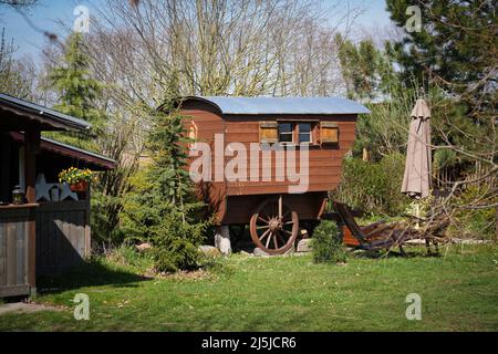 Kienitz, Allemagne. 12th avril 2022. Le chariot du berger historique 'Schäfers Ruh' est situé sur le terrain de l''Erlenhof. La ferme de vacances de Barbara Brunat dans le Moyen Oderbruch offre d'avril à octobre des vacances proches de la nature sur une zone spacieuse et des séjours d'une nuit dans six bernaches et dans une cabane en rondins. Un maximum de 15 personnes peuvent trouver un endroit pour dormir sur la ferme, et il n'y a ni TV ni radio dans les wagons et la cabine. (À dpa: 'Schäferstündchen im Schäferwagen' im Oderbruch') Credit: Soeren Stache/dpa/Alay Live News Banque D'Images