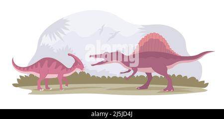 Combat de deux dinosaures. Spinosaurus prédateur contre parasaurolophus. Animaux éteints de la période jurassique. Anciens pangolins. Vecteur bande dessinée illus Illustration de Vecteur