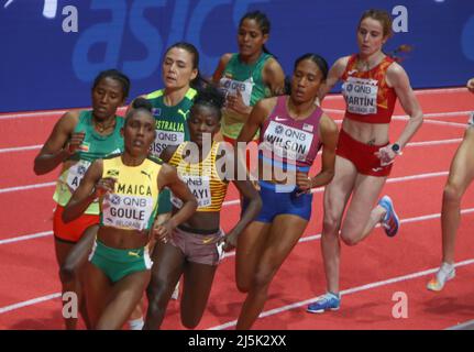 Natoya GOULE de Jamaique , Halimah NAKAAYI d'Ouganda , Habimam ALEMU d'Ethiopie , Catriona BISSET d'Australie , Freweyni HAILU d'Ethiopie , Awee WILSON des Etats-Unis et Lorena MARTÍN d'Espagne finale 800 M femmes pendant les Championnats du monde en salle 2022 le 20 mars, 2022 au stade Stark Arena de Belgrade, Serbie - photo Laurent Lairys / DPPI Banque D'Images