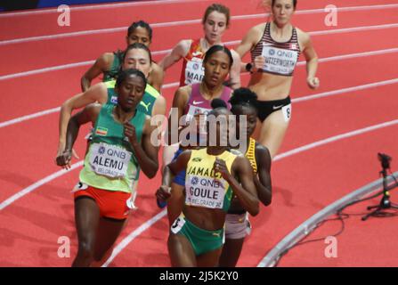 Natoya GOULE de Jamaique , Halimah NAKAAYI d'Ouganda , Habimam ALEMU d'Ethiopie , Catriona BISSET d'Australie , Freweyni HAILU d'Ethiopie , Awee WILSON des Etats-Unis et Lorena MARTÍN d'Espagne finale 800 M femmes pendant les Championnats du monde en salle 2022 le 20 mars, 2022 au stade Stark Arena de Belgrade, Serbie - photo Laurent Lairys / DPPI Banque D'Images