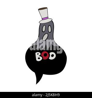 Boo Halloween fantôme drôle effrayant avec chapeau et bulle de la parole en noir rouge violet de couleur grise Illustration de Vecteur