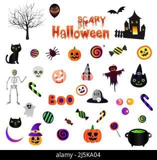 Autocollants éléments Halloween. Effrayant, arbre, ancienne maison, maison, chat, Bonbons, araignée, citrouille, squelette, carecrow, Boo, cimetière, Crescent Moon, Witch Hat, Illustration de Vecteur