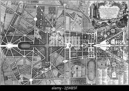 Plan vintage de Versailles et des jardins du 17th/18th siècle. La carte est magnifiquement illustrée à la main montrant Versailles avec ses jardins à l'époque. Banque D'Images