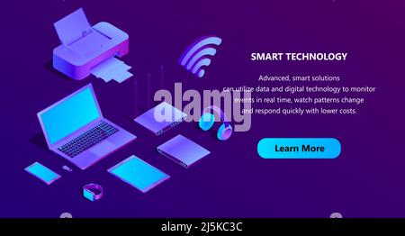 Modèle isométrique Vector 3D pour la construction du site. Fond de portail avec bouton, ordinateur portable violet, routeur avec wi-fi. Ordinateur ultraviolet et autre Illustration de Vecteur
