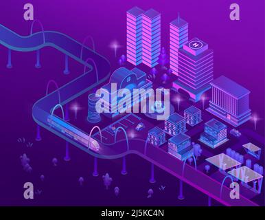 Vector 3D train isométrique sur la route en mégapole avec gratte-ciel. Parking municipal pour voitures aux couleurs violettes. Bâtiments avec place pour hélicoptère, pont W Illustration de Vecteur