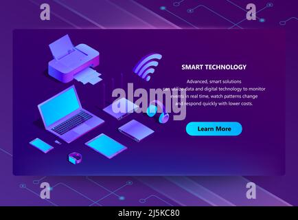 Modèle isométrique Vector 3D pour la construction du site. Fond de portail avec bouton, ordinateur portable violet, routeur avec wi-fi. Ordinateur ultraviolet et autre Illustration de Vecteur
