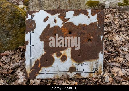 Ancienne plaque d'acier, peut-être à partir d'un poêle électrique d'époque, dans Woodland Park et la réserve naturelle de Battle Creek, Michigan, États-Unis Banque D'Images