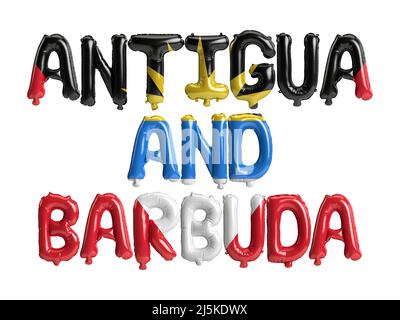 3D illustration des ballons à lettre d'Antigua-et-Barbuda avec des drapeaux de couleur isolée sur blanc Banque D'Images