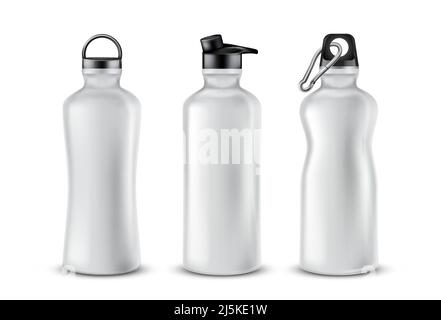 Ensemble vectoriel de flacons en plastique vierges avec couvercles pour boissons, isolés sur fond. Maquette avec récipients en aluminium pour cocktails énergétiques, flacon avec fre Illustration de Vecteur