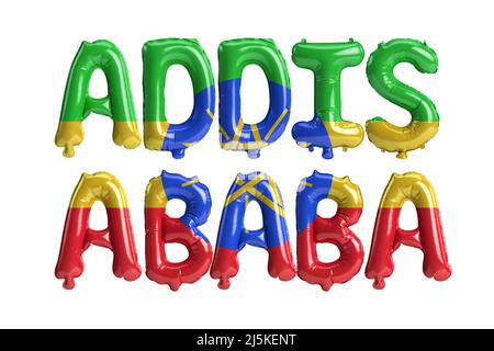 3D illustration des ballons de la capitale d'Addis-Abeba avec des drapeaux éthiopiens de couleur isolée sur blanc Banque D'Images