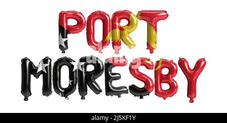 3D illustration des ballons de capitale de Port Moresby avec des drapeaux de Papouasie-Nouvelle-Guinée de couleur isolée sur blanc Banque D'Images