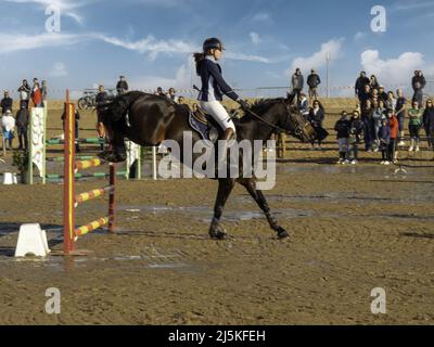 Ouistreham, France, avril 2022. Un spectacle scolaire sautant à The Ridge sur une plage en Normandie. Une jeune femme jockey à cheval saute sur un obstacle. Banque D'Images