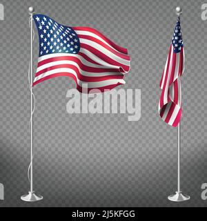 Vector 3D drapeaux réalistes des États-Unis d'Amérique sur des poteaux en acier isolés sur fond transparent. Symbole national des Etats-Unis, bannière de soie de tissage wi Illustration de Vecteur