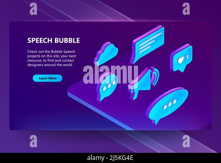 3d icônes vectorielles isométriques des bulles de la parole sur la page du site web isolées sur un fond violet. Modèles pour la communication en ligne, les contacts, Illustration de Vecteur