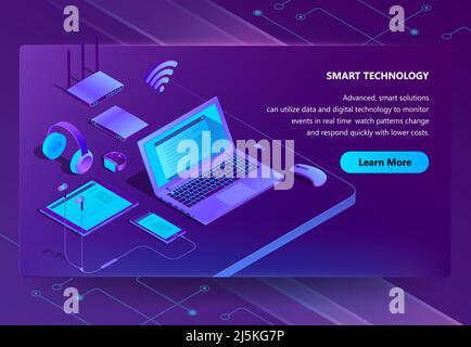 Modèle isométrique Vector 3D pour la construction de sites avec ordinateur portable violet, routeur avec wi-fi. Ordinateur, smartphone et casque ultraviolet avec tablette. Illustration de Vecteur