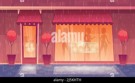 Vector 24 heures, boutique ouverte 24 heures sur 24 avec vitrine, marché de vêtements la nuit. Galerie commerciale de dessins animés avec arbres dans des vases, décoration. Illumin Illustration de Vecteur