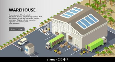 Illustration de l'entrepôt isométrique Vector, service de livraison. Bâtiment de stockage avec des camions prêts pour l'expédition, chariots élévateurs avec cargaison. Page Web avec bouton Illustration de Vecteur