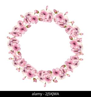Une couronne de sakura rose printemps s'épanouit sur un fond blanc isolé. Illustration aquarelle. Vecteur Illustration de Vecteur