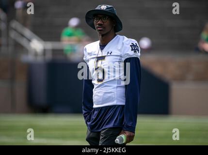 April 23, 2022: Notre Dame running back Audric Estime (24) runs with the  ball during the Notre Dame Annual Blue-Gold Spring football game at Notre  Dame Stadium in South Bend, Indiana. Gold