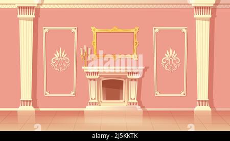 Intérieur de style dessin animé vectoriel d'un salon de luxe, salle de bal avec cheminée. Four traditionnel dans un couloir somptueux aux couleurs roses avec pilastres blancs. Illustration de Vecteur