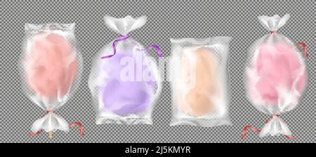 Vector 3D Candy de coton réaliste sur bâtonnets en bois dans un emballage en plastique avec rubans brillants. Délicieux repas d'été dans des sacs transparents. Confiserie savoureuse Illustration de Vecteur