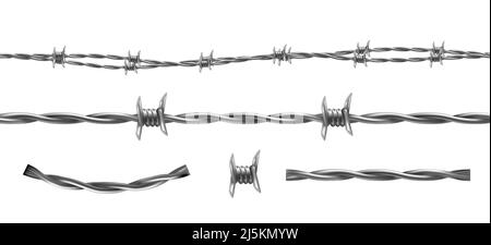 Illustration de vecteur de fil barbelé, motif horizontal sans couture et éléments séparés de barbelés isolés en arrière-plan. Barrière de protection métallique avec Illustration de Vecteur