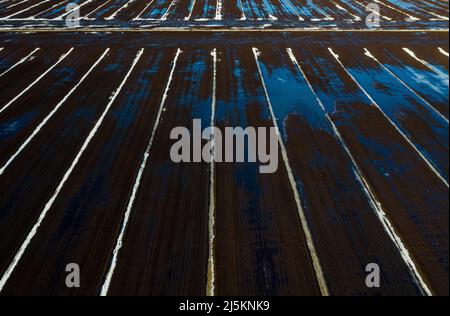 Vue du haut du drone du début du printemps, champ sale avec des flaques et de la glace en fusion. Neige et eau sur sol gelé. Jour ensoleillé. Banque D'Images