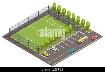 Vector 3D champ isométrique pour les matchs de football, places de parking pour voitures et route avec véhicules. Champ vert pour le sport près de l'asphalte, carte urbaine, ville Illustration de Vecteur