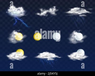 Ensemble d'icônes vectorielles réalistes de l'application de prévision météorologique avec divers nuages, disques de soleil et de lune, illustration isolée sur fond transparent. Meteorolog Illustration de Vecteur