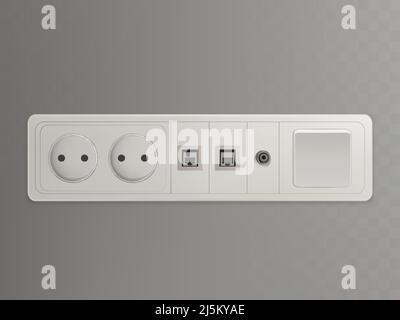 Prise murale multiprise avec connexions TV électriques, ethernet, par câble ou satellite et interrupteur d'éclairage 3D illustration vectorielle réaliste isolée sur tr Illustration de Vecteur