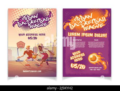 Urban basket League Tournament promo caricature brochure vecteur avec texte graffiti, les joueurs jouent au ballon sur un terrain extérieur ou un terrain de jeu de parc i Illustration de Vecteur