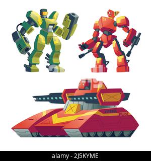 Robots de combat vector avec réservoir rouge. Combattez les androïdes avec l'intelligence artificielle, véhicule militaire isolé sur fond blanc pour les jeux. FUT Illustration de Vecteur