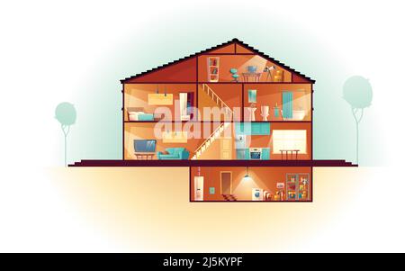 Maison moderne, trois étages cottage section transversale intérieurs dessin animé vecteur avec buanderie au sous-sol, salon et cuisine au premier étage, salle de bains a Illustration de Vecteur
