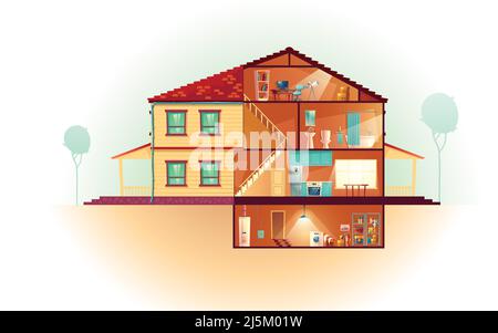 Maison moderne, extérieur de cottage de deux étages et intérieur de section transversale dessin animé vecteur avec buanderie au sous-sol, cuisine au premier étage, salle de bains et à Illustration de Vecteur