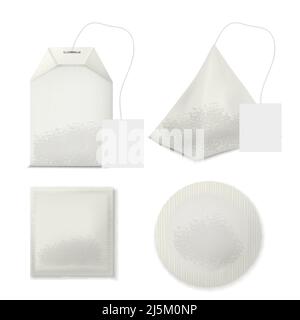 Jeu de sachets de thé de formes variées avec étiquettes vierges et feuilles à l'intérieur de 3D illustrations vectorielles réalistes isolées sur fond blanc. moc produits alimentaires Illustration de Vecteur