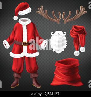 Costume vectoriel réaliste du Père Noël avec accessoires pour une soirée habillée de fantaisie, isolé sur fond. Vêtements traditionnels pour la mascarade de Noël, rouge Illustration de Vecteur