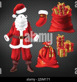 Costume du Père Noël avec bottes en cuir, chapeau rouge, fausse barbe et chaussette de noël, grand sac plein de boîtes-cadeaux magnifiquement enveloppées 3D réaliste Illustration de Vecteur