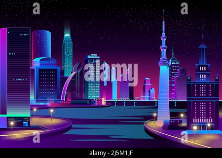 Vecteur moderne megapolis sur la rivière la nuit. Bâtiments lumineux, promenade et pont de style caricaté. Gratte-ciels urbains aux couleurs fluo, ville ext Illustration de Vecteur